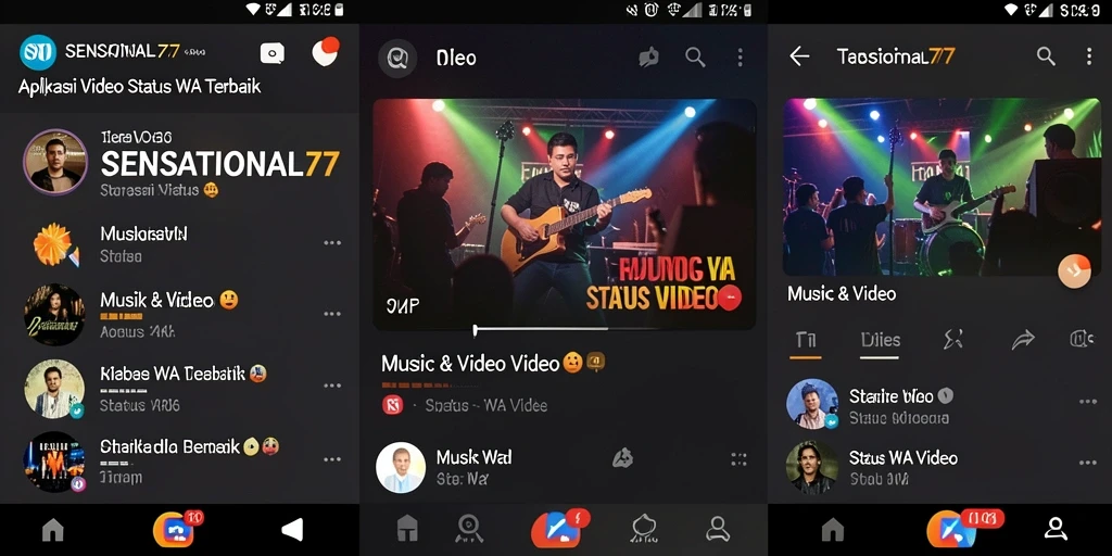 Screenshot antarmuka SENSATIONAL77 menampilkan fitur Status WA Video.